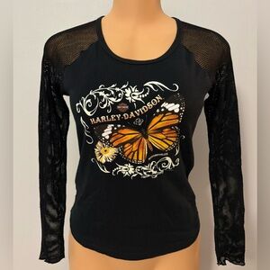 Vintage Y2K Harley Davidson Black Fishnet Sleeve T-Shirt Puerto Rico Womens sz L